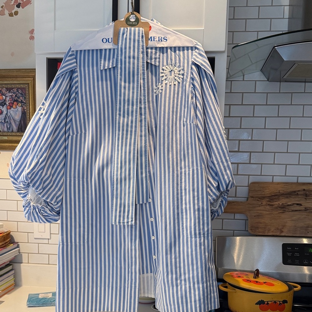 Tanya Taylor Blue Striped Long Sleeve Dress with sequin embellishment